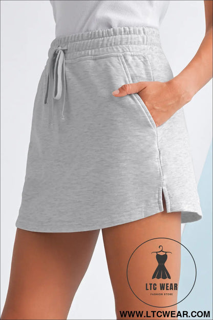 Light Grey French Terry Drawstring Mini Skort with Pockets - L.T.C Wear Online Fashion Store