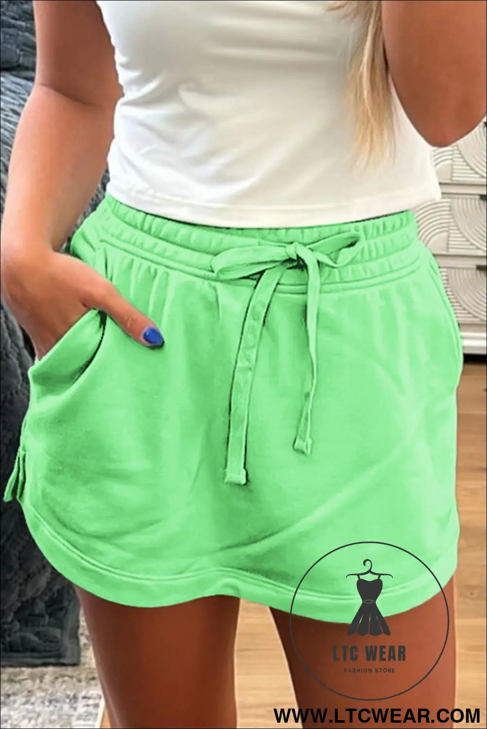 Light Grey French Terry Drawstring Mini Skort with Pockets - L.T.C Wear Online Fashion Store