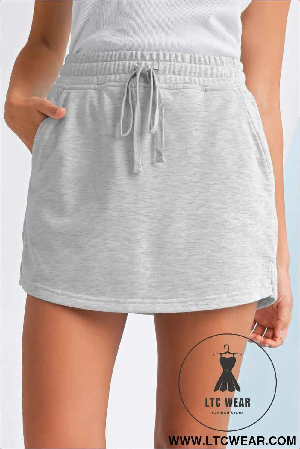 Light Grey French Terry Drawstring Mini Skort with Pockets