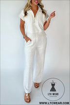 Light grey half zip polo tee casual pant set - light grey / l / 50% polyester + 45% viscose + 5% elastane - pant sets