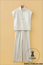 Light grey half zip polo tee casual pant set - pant sets