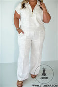 Light grey half zip polo tee loose pants plus size 2pcs outfit - light grey / 1x / 50% polyester + 45% viscose + 5%