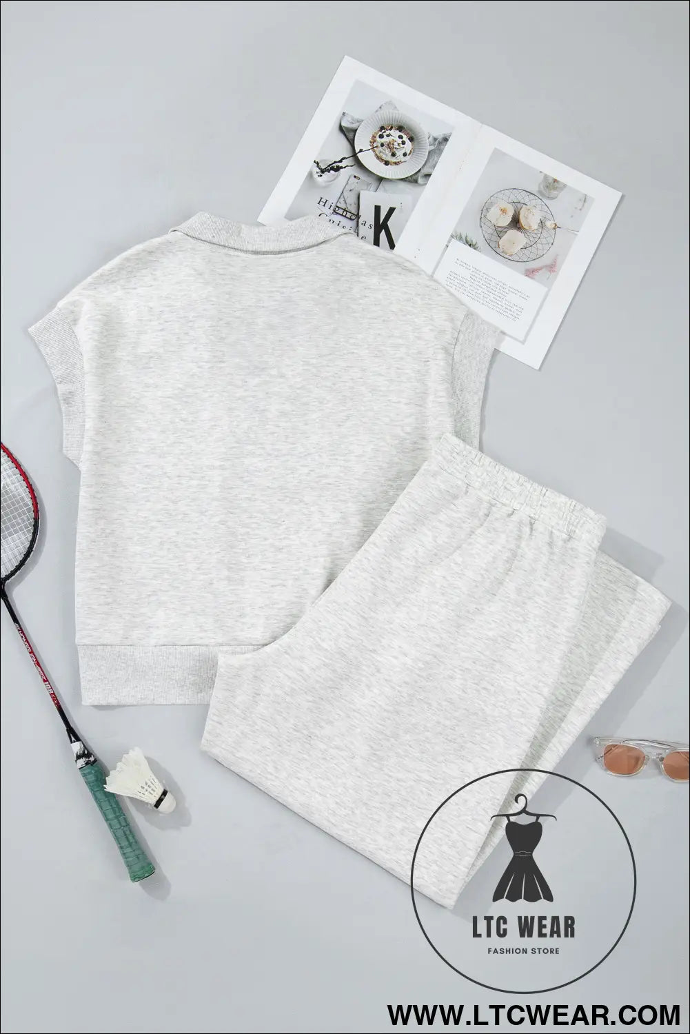 Light grey half zip polo tee loose pants plus size 2pcs outfit - plus size loungewear