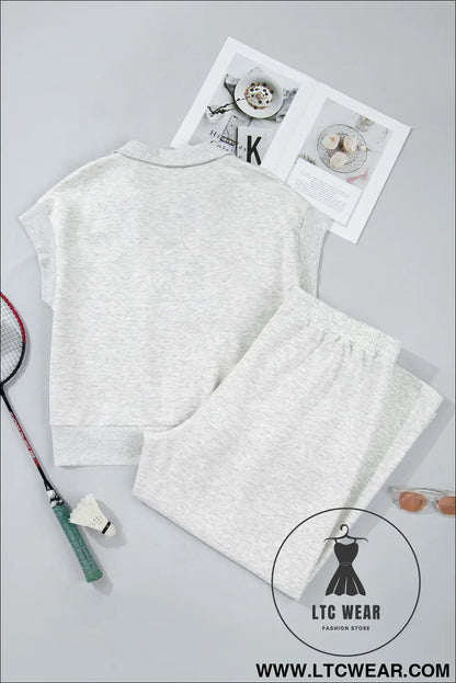 Light grey half zip polo tee loose pants plus size 2pcs outfit - plus size loungewear