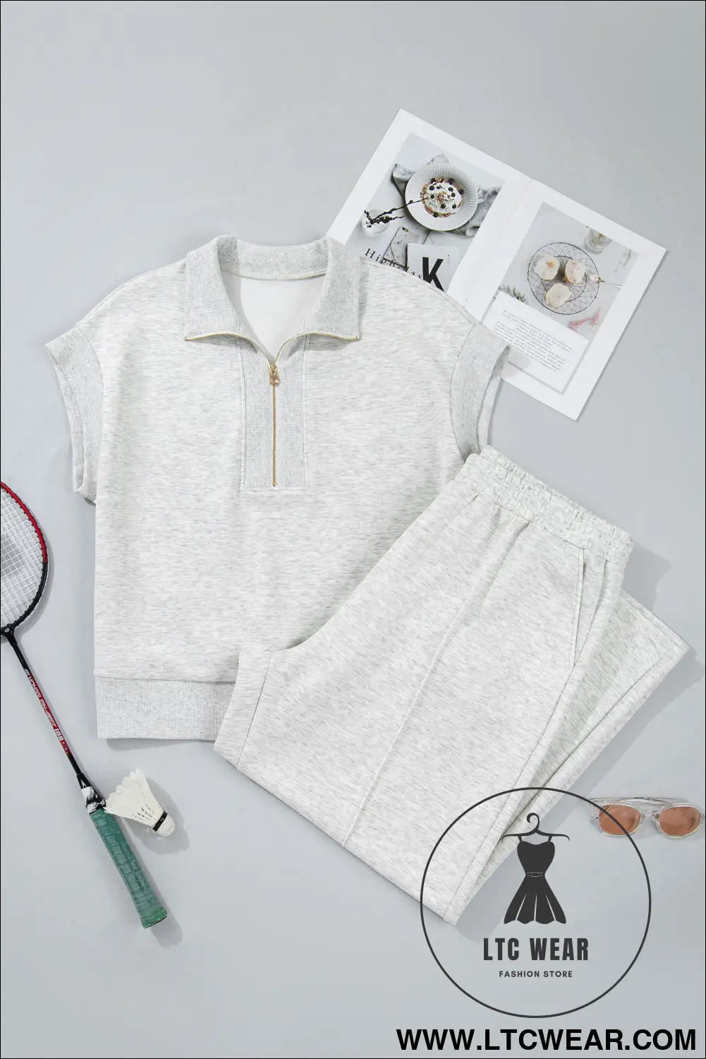 Light grey half zip polo tee loose pants plus size 2pcs outfit - plus size loungewear