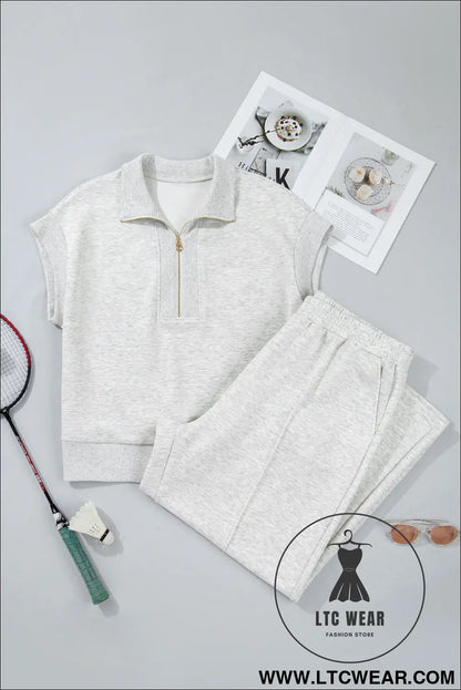 Light grey half zip polo tee loose pants plus size 2pcs outfit - plus size loungewear