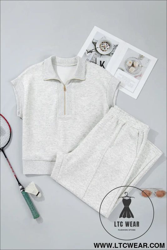 Light grey half zip polo tee loose pants plus size 2pcs outfit - plus size loungewear