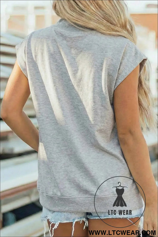 Light Grey HELLO Pumpkin Embroidered Graphic High Neck Cap Sleeve Top