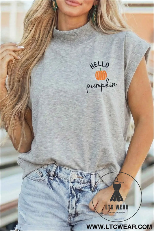 Light Grey HELLO Pumpkin Embroidered Graphic High Neck Cap Sleeve Top