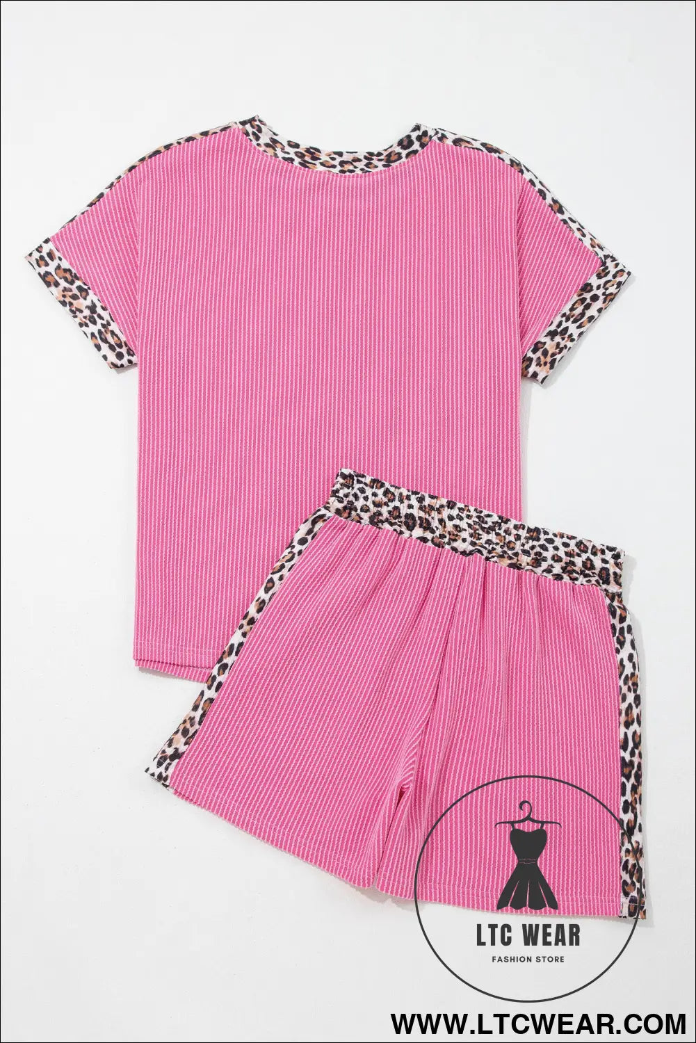 Light Grey Leopard Trim Twist Ribbed Short Set - L.T.C Wear Online Fashion Store