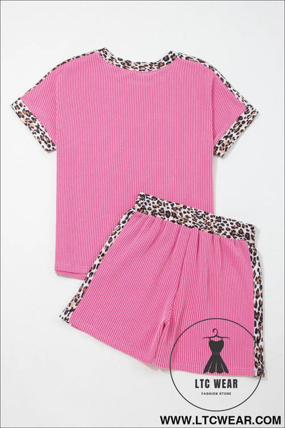 Light Grey Leopard Trim Twist Ribbed Short Set - L.T.C Wear Online Fashion Store