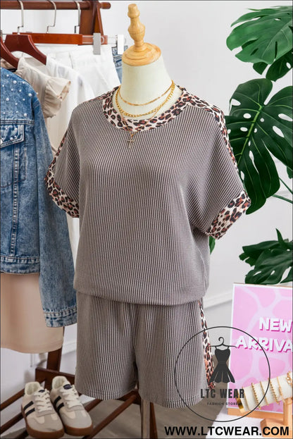 Light Grey Leopard Trim Twist Ribbed Short Set - L.T.C Wear Online Fashion Store