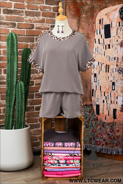 Light Grey Leopard Trim Twist Ribbed Short Set - L.T.C Wear Online Fashion Store