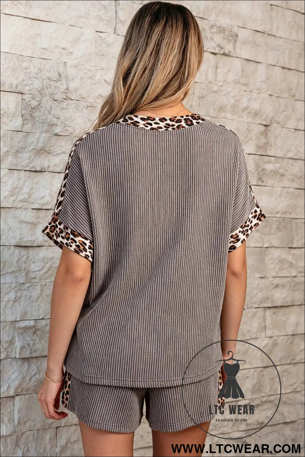 Light Grey Leopard Trim Twist Ribbed Short Set