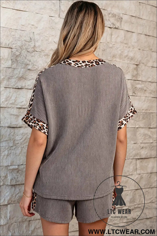 Light Grey Leopard Trim Twist Ribbed Short Set