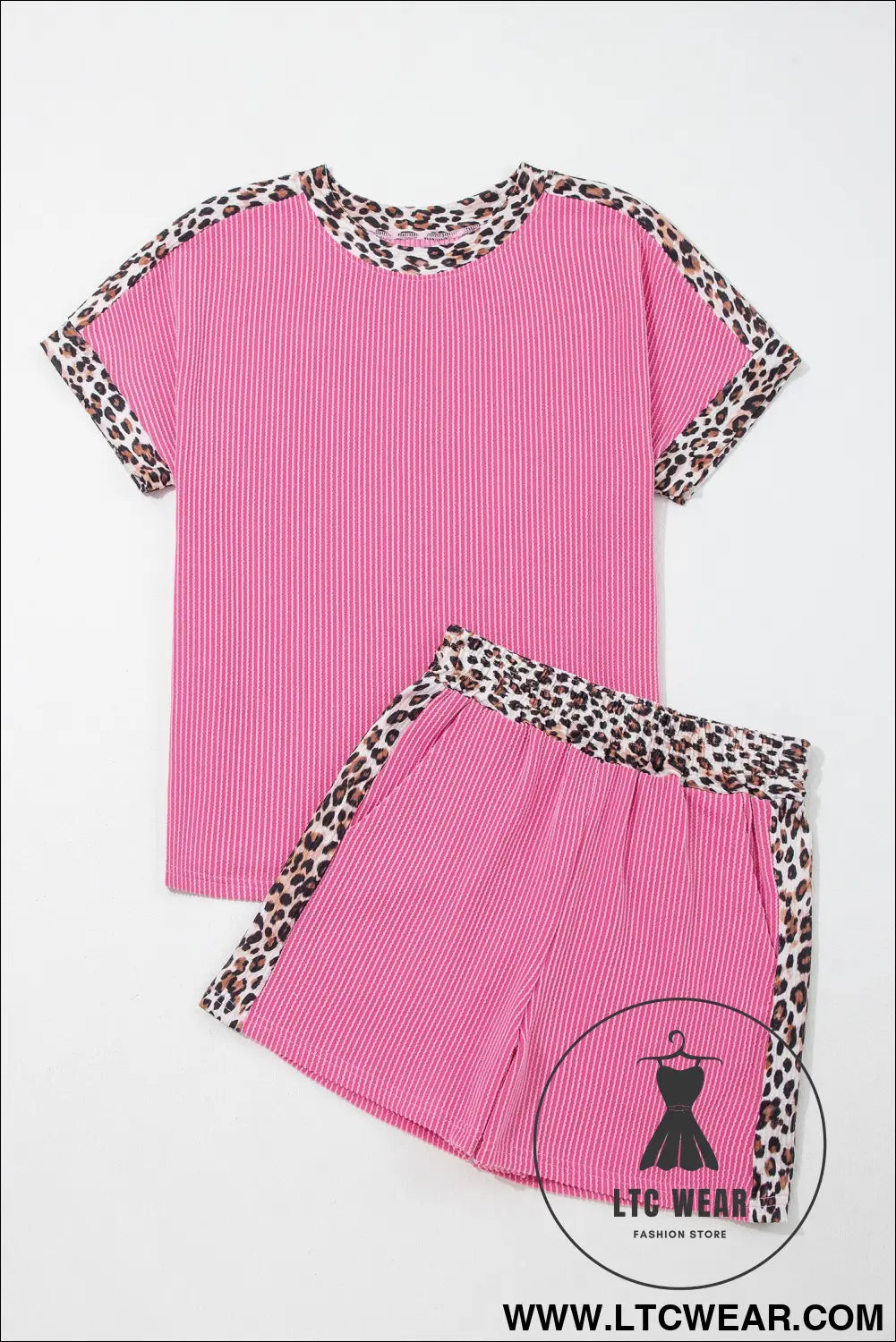 Light Grey Leopard Trim Twist Ribbed Short Set - L.T.C Wear Online Fashion Store