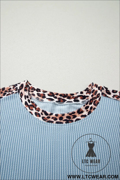 Light Grey Leopard Trim Twist Ribbed Short Set - L.T.C Wear Online Fashion Store