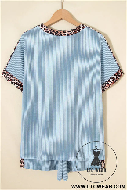 Light Grey Leopard Trim Twist Ribbed Short Set - L.T.C Wear Online Fashion Store