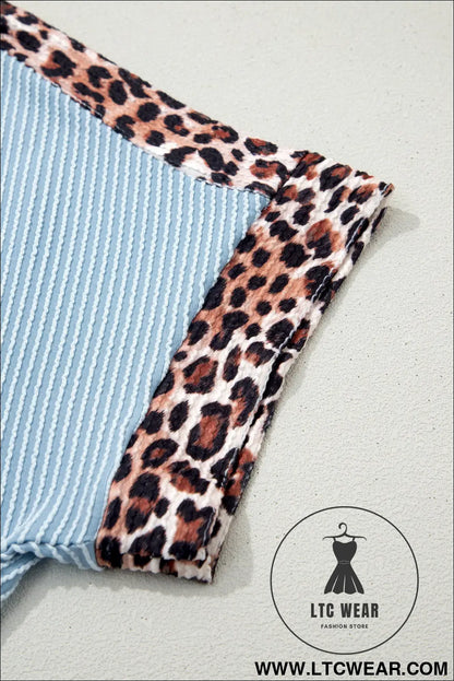 Light Grey Leopard Trim Twist Ribbed Short Set - L.T.C Wear Online Fashion Store