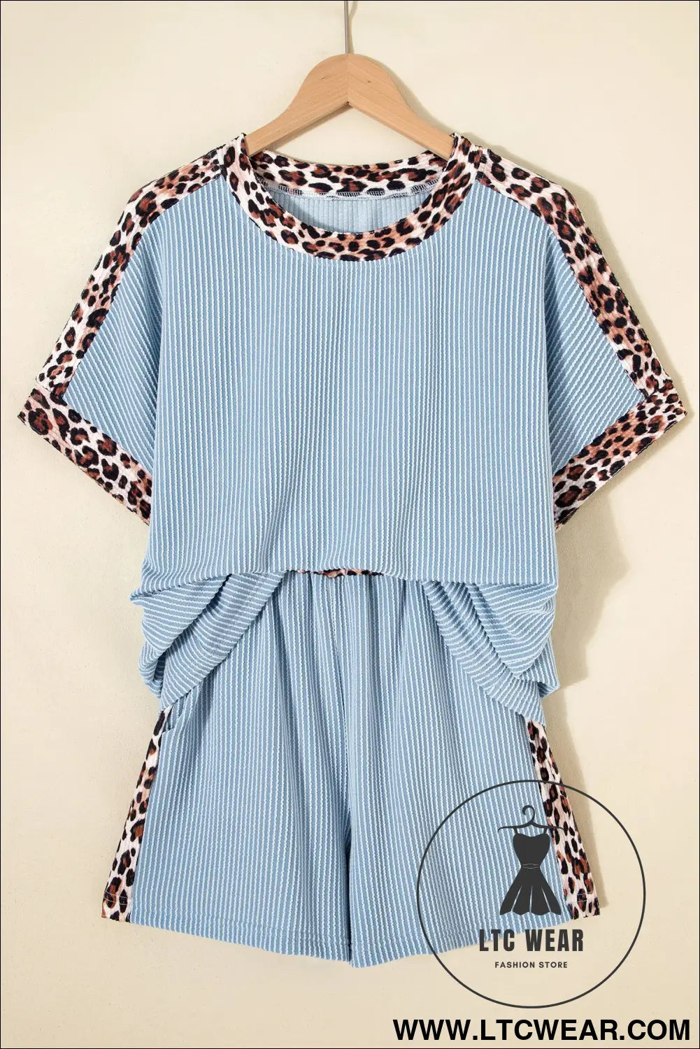 Light Grey Leopard Trim Twist Ribbed Short Set - L.T.C Wear Online Fashion Store