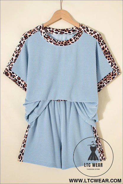 Light Grey Leopard Trim Twist Ribbed Short Set - L.T.C Wear Online Fashion Store
