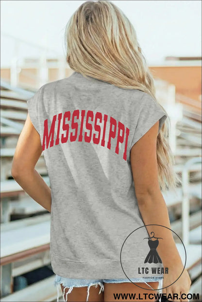 Light grey ms/ mississippi double side printed mock neck tee - graphic tees