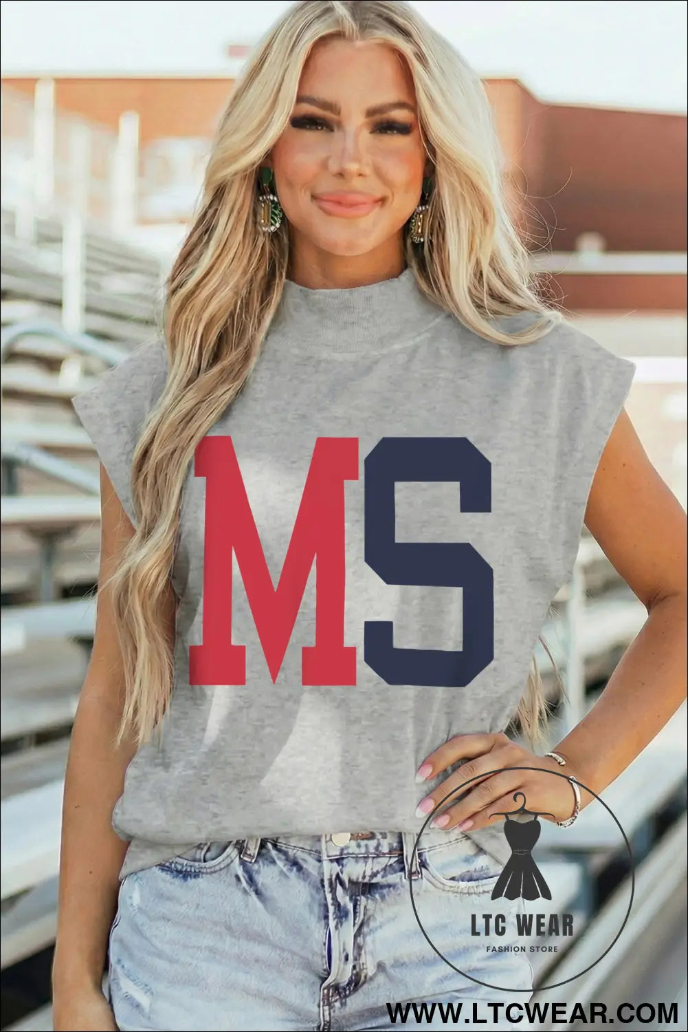Light grey ms/ mississippi double side printed mock neck tee - graphic tees