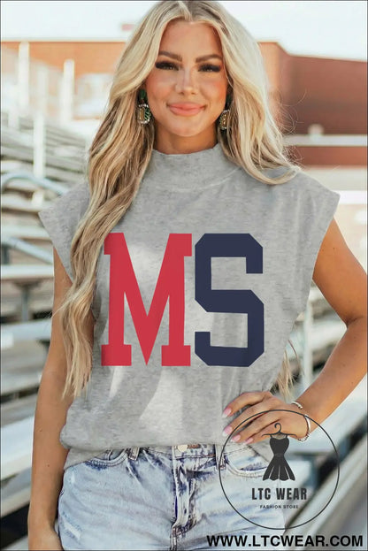 Light grey ms/ mississippi double side printed mock neck tee - graphic tees