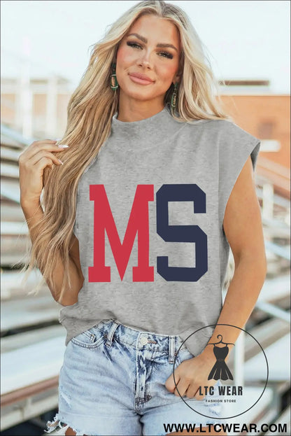 Light grey ms/ mississippi double side printed mock neck tee - graphic tees