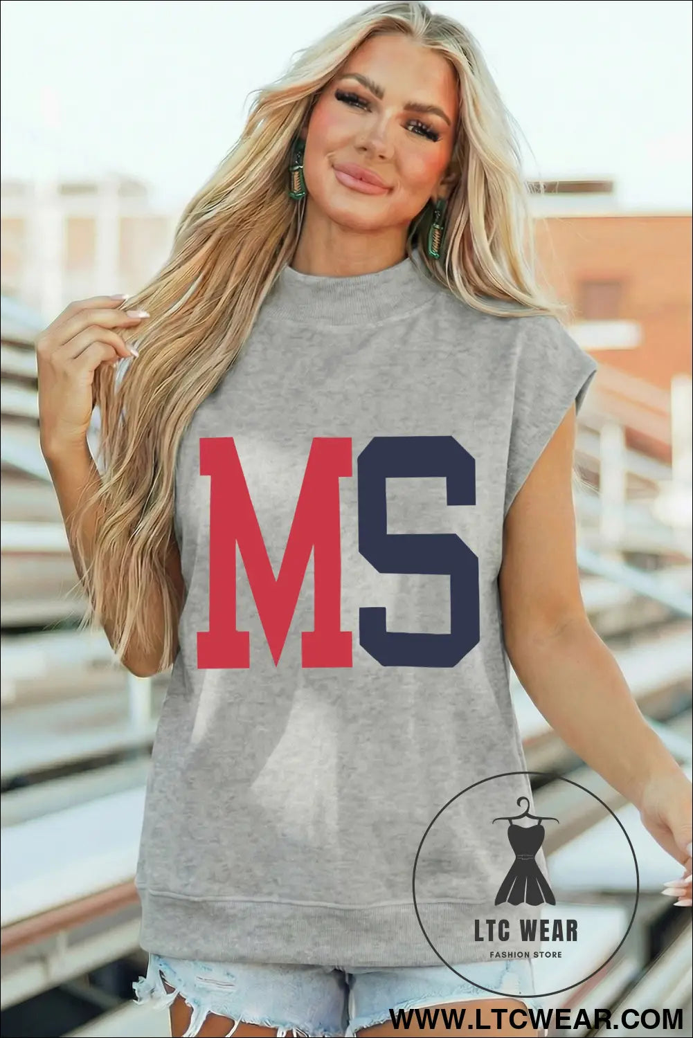 Light grey ms/ mississippi double side printed mock neck tee - graphic tees