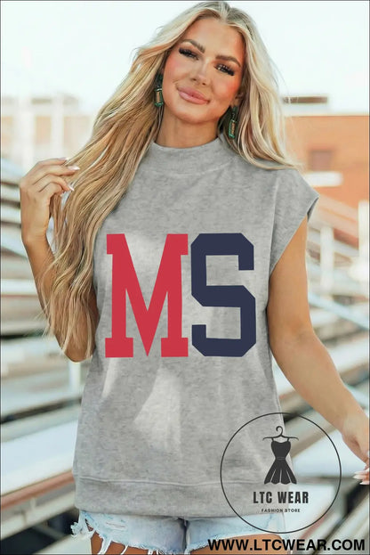 Light grey ms/ mississippi double side printed mock neck tee - graphic tees