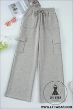 Light grey multi pockets lace up high waist wide leg workout pants - yoga pants