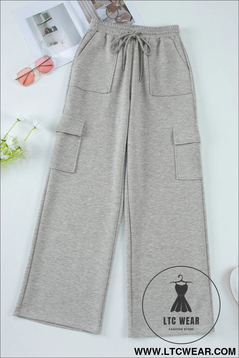 Light grey multi pockets lace up high waist wide leg workout pants - yoga pants