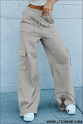 Light grey multi pockets lace up high waist wide leg workout pants - light grey / 2xl / 50% polyester + 45% viscose