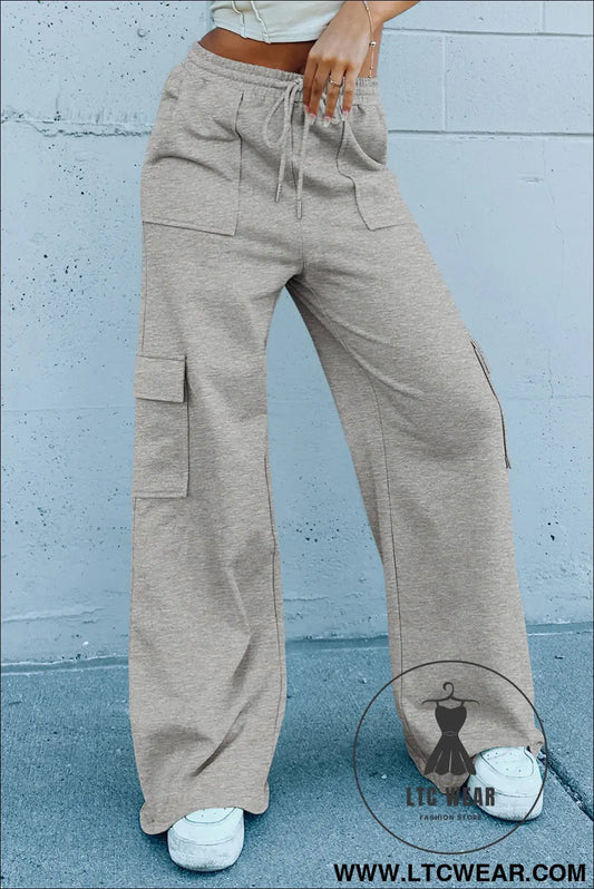 Light grey multi pockets lace up high waist wide leg workout pants - light grey / 2xl / 50% polyester + 45% viscose