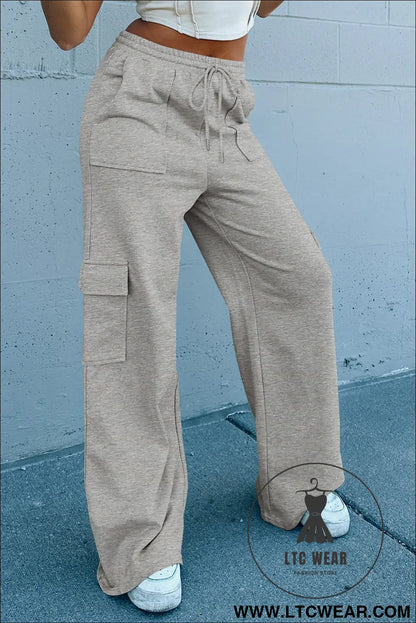 Light grey multi pockets lace up high waist wide leg workout pants - yoga pants