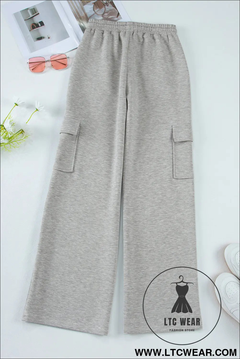 Light grey multi pockets lace up high waist wide leg workout pants - yoga pants
