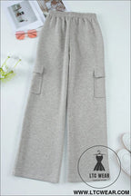 Light grey multi pockets lace up high waist wide leg workout pants - yoga pants