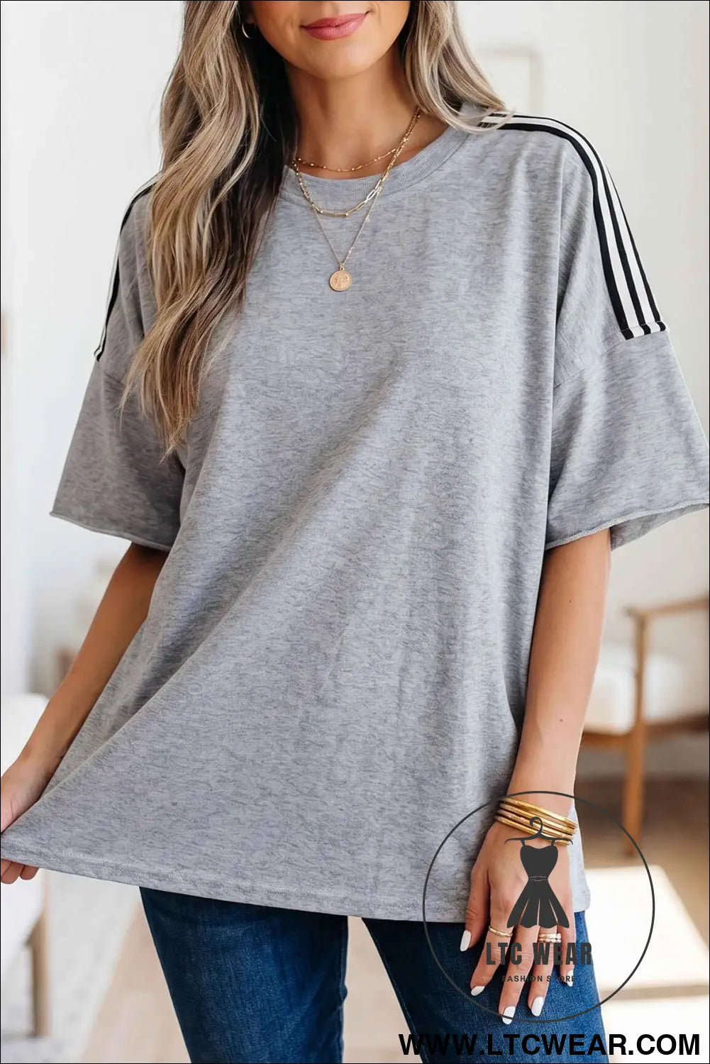 Light Grey Patchwork Detail Raw Edge Oversize Tee