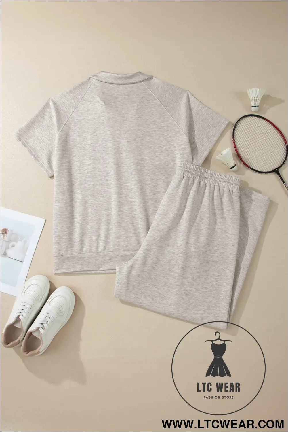 Light Grey Plus Size V Neck Polo Tee Drawstring Loose Pants 2pcs Set