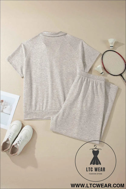 Light Grey Plus Size V Neck Polo Tee Drawstring Loose Pants 2pcs Set