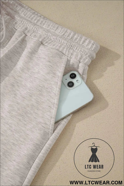 Light Grey Plus Size V Neck Polo Tee Drawstring Loose Pants 2pcs Set