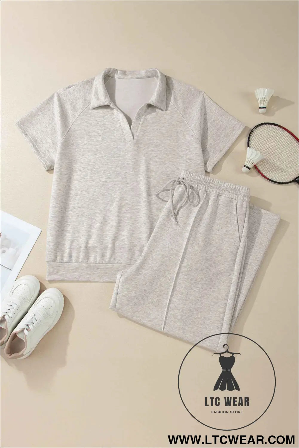 Light Grey Plus Size V Neck Polo Tee Drawstring Loose Pants 2pcs Set
