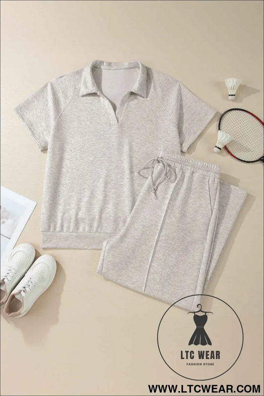 Light Grey Plus Size V Neck Polo Tee Drawstring Loose Pants 2pcs Set