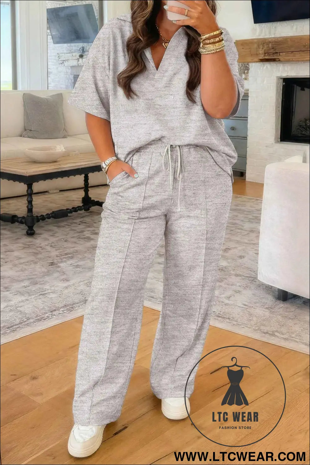 Light Grey Plus Size V Neck Polo Tee Drawstring Loose Pants 2pcs Set