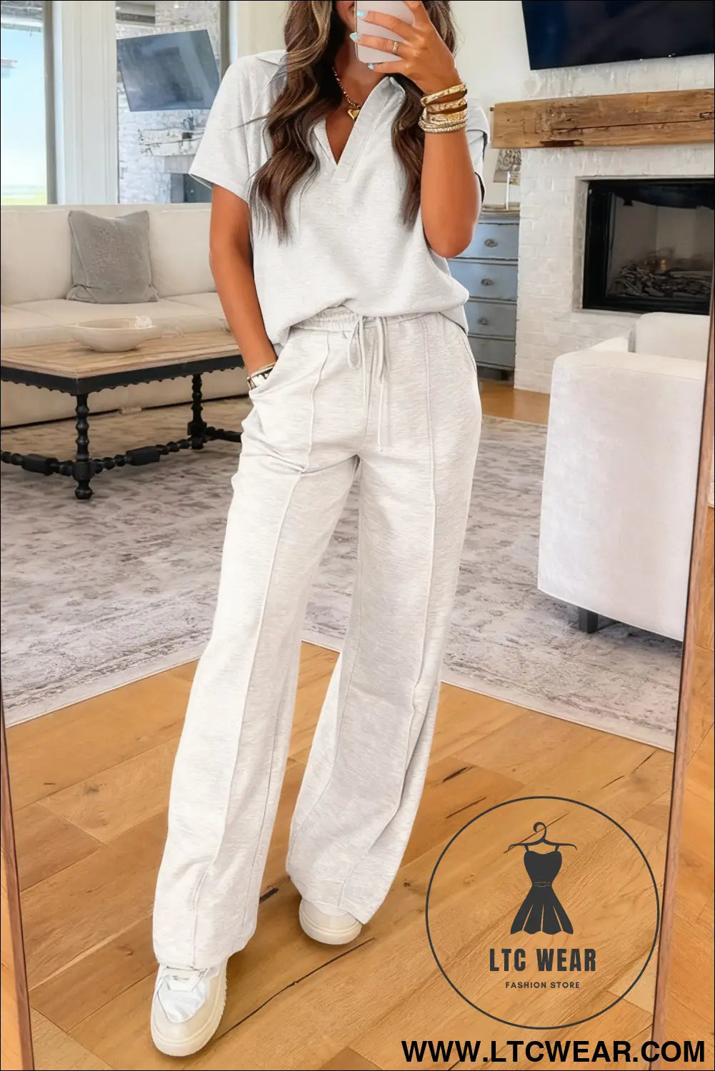 Light grey polo tee casual pant set - pant sets