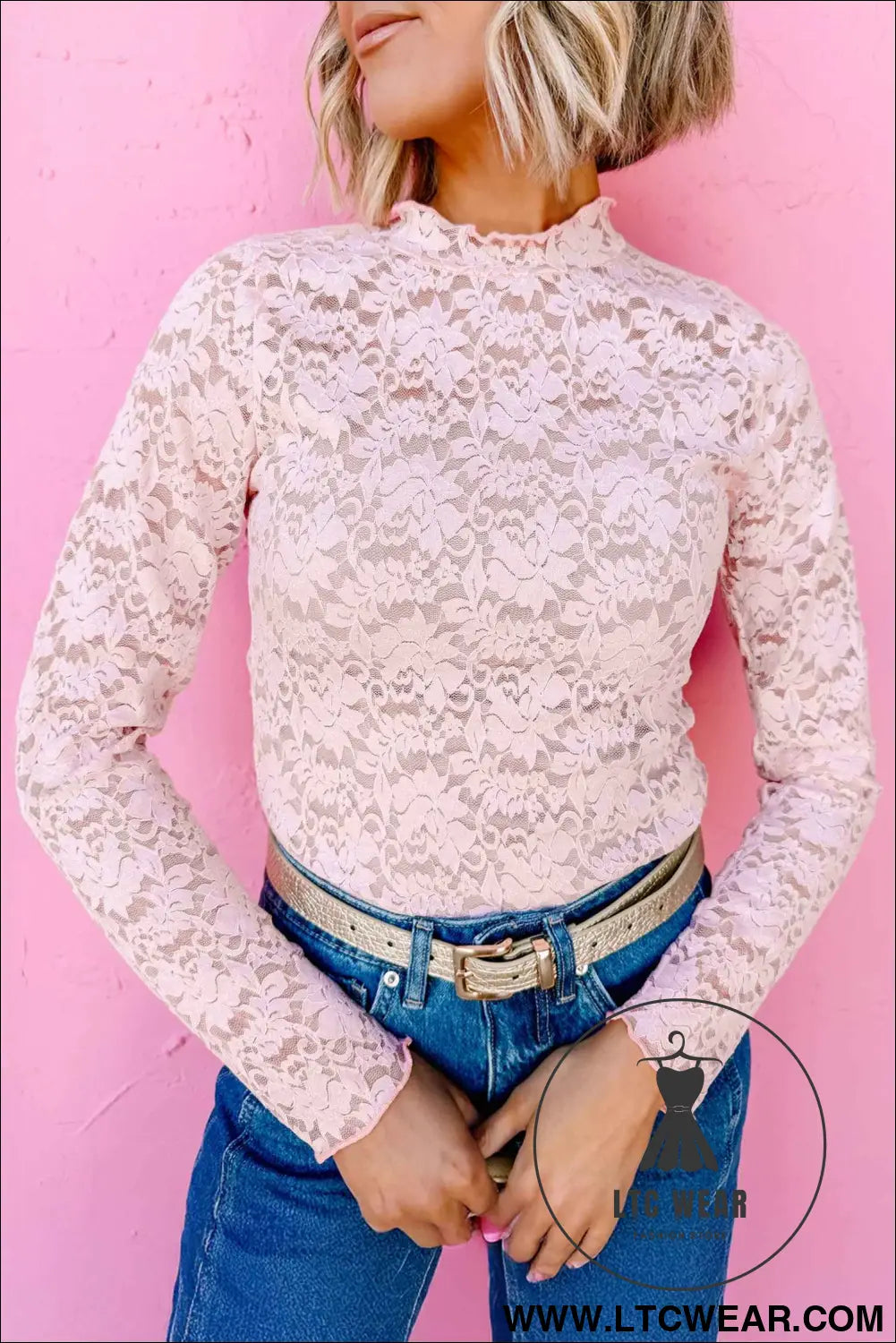 Light Pink Long Sleeve Lace Stand Neck Sheath Top