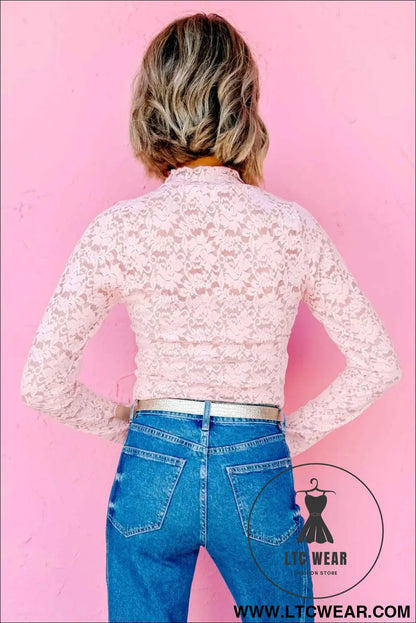 Light Pink Long Sleeve Lace Stand Neck Sheath Top