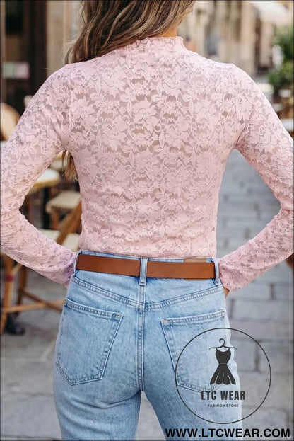 Light Pink Long Sleeve Lace Stand Neck Sheath Top