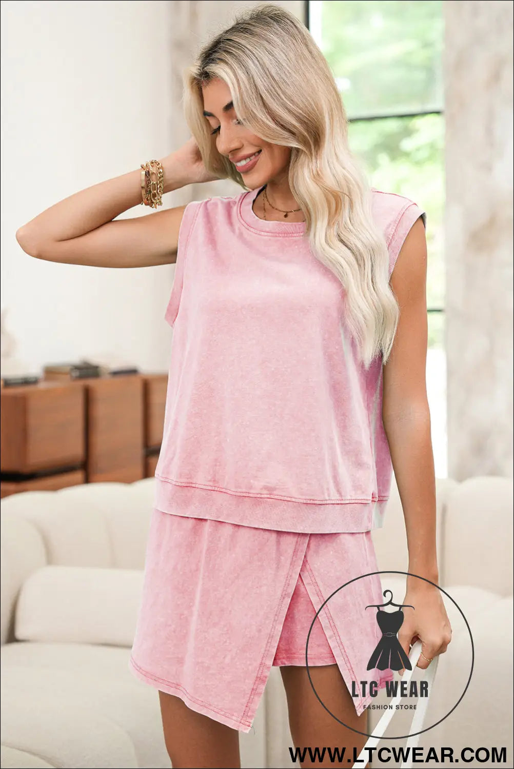 Light pink mineral wash sleeveless top and split skort set - short sets